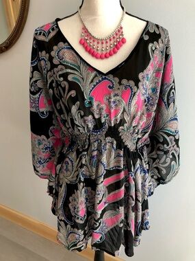 Nicole Miller Hot Pink Paisley Butterfly Sleeve Lightweight Blouse Top